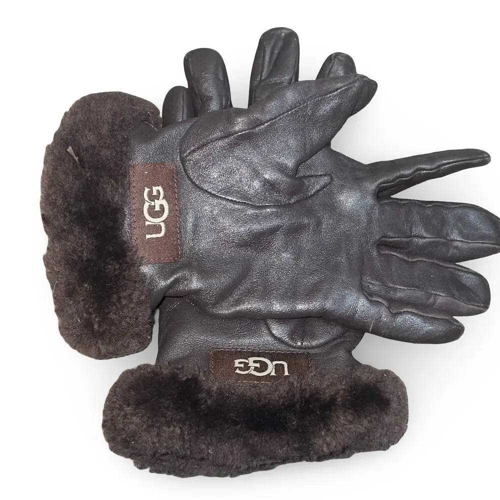 UGG Womens Brown Leather Gloves Size Small S Wool Cashmere Lined Winter Luxury